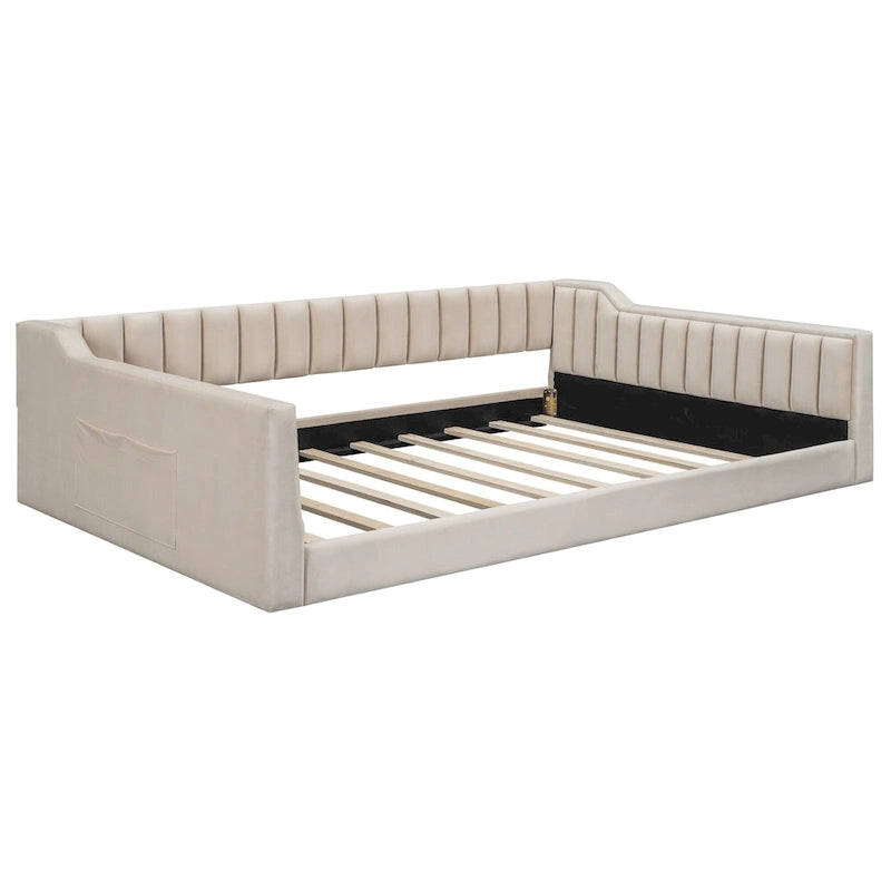 Canapé-lit gris / beige en velours avec rangement, grand double, peut accueillir 2 personnes