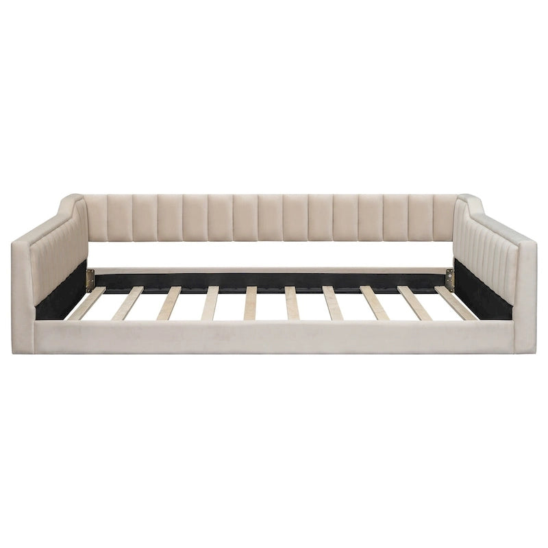 Canapé-lit gris / beige en velours avec rangement, grand double, peut accueillir 2 personnes
