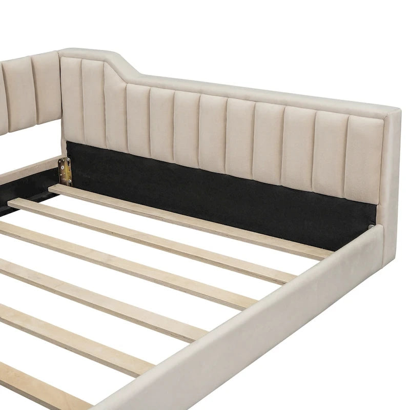 Canapé-lit gris / beige en velours avec rangement, grand double, peut accueillir 2 personnes