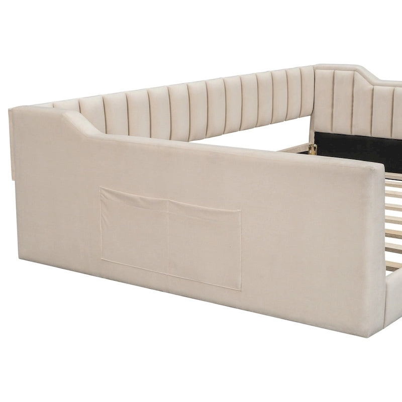 Canapé-lit gris / beige en velours avec rangement, grand double, peut accueillir 2 personnes