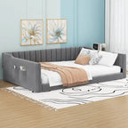 Canapé-lit gris / beige en velours avec rangement, grand double, peut accueillir 2 personnes