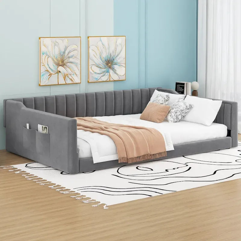 Canapé-lit gris / beige en velours avec rangement, grand double, peut accueillir 2 personnes