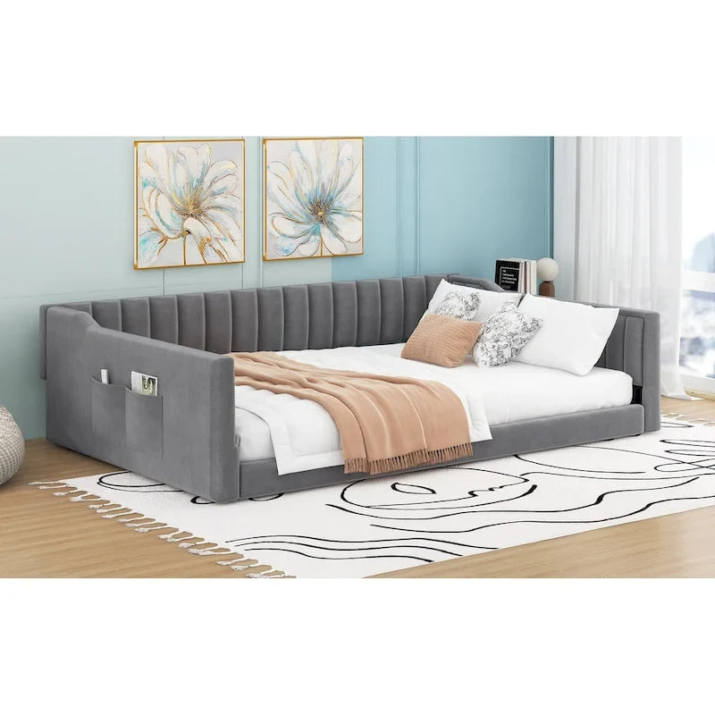 Canapé-lit gris / beige en velours avec rangement, grand double, peut accueillir 2 personnes
