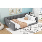 Canapé-lit gris / beige en velours avec rangement, grand double, peut accueillir 2 personnes