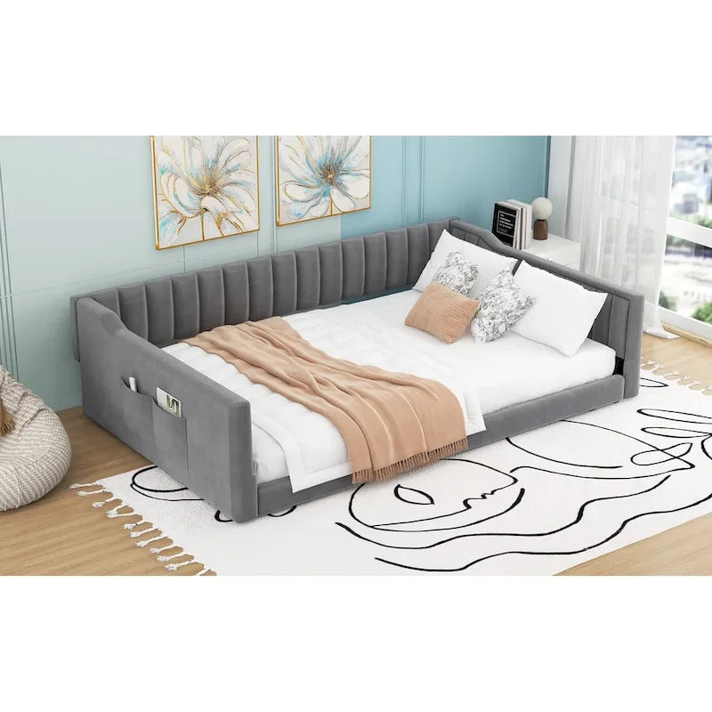 Canapé-lit gris / beige en velours avec rangement, grand double, peut accueillir 2 personnes