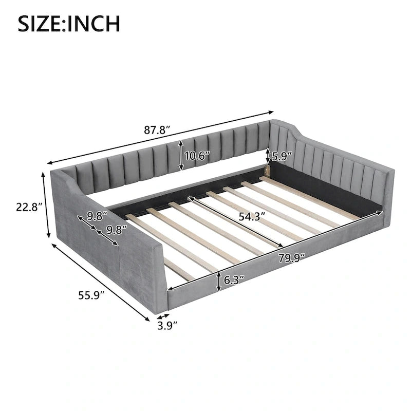 Canapé-lit gris / beige en velours avec rangement, grand double, peut accueillir 2 personnes