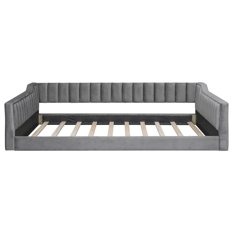 Canapé-lit gris / beige en velours avec rangement, grand double, peut accueillir 2 personnes