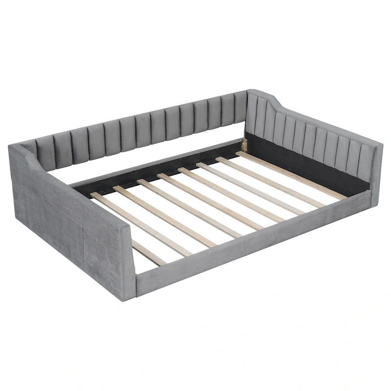 Canapé-lit gris / beige en velours avec rangement, grand double, peut accueillir 2 personnes