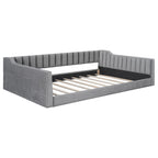Canapé-lit gris / beige en velours avec rangement, grand double, peut accueillir 2 personnes