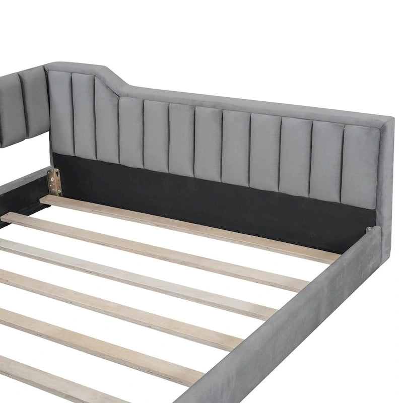 Canapé-lit gris / beige en velours avec rangement, grand double, peut accueillir 2 personnes