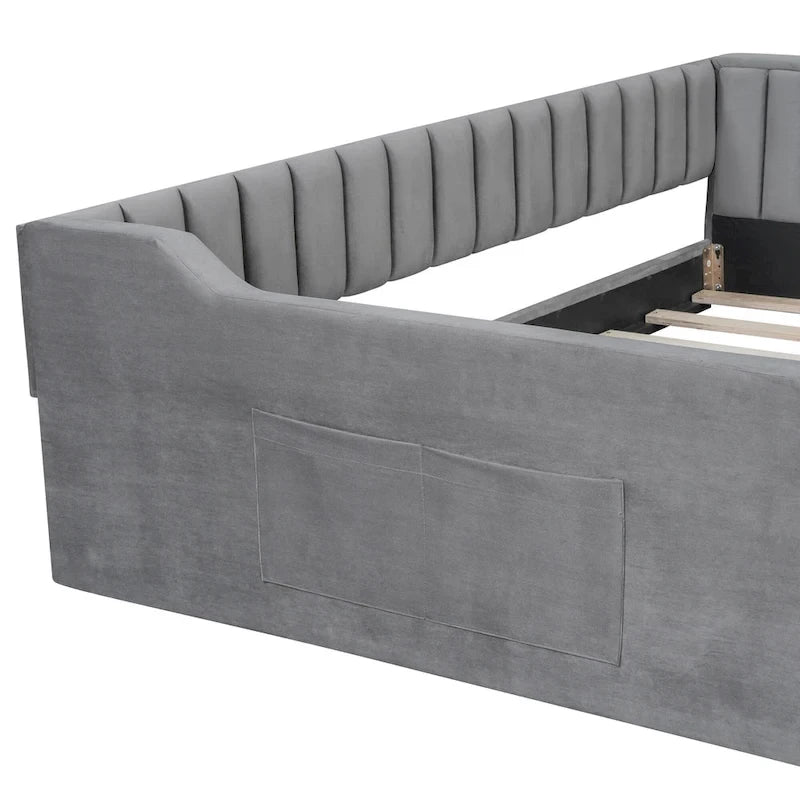 Canapé-lit gris / beige en velours avec rangement, grand double, peut accueillir 2 personnes
