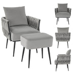 Fauteuil d'appoint en velours gris/beige avec pouf, une place