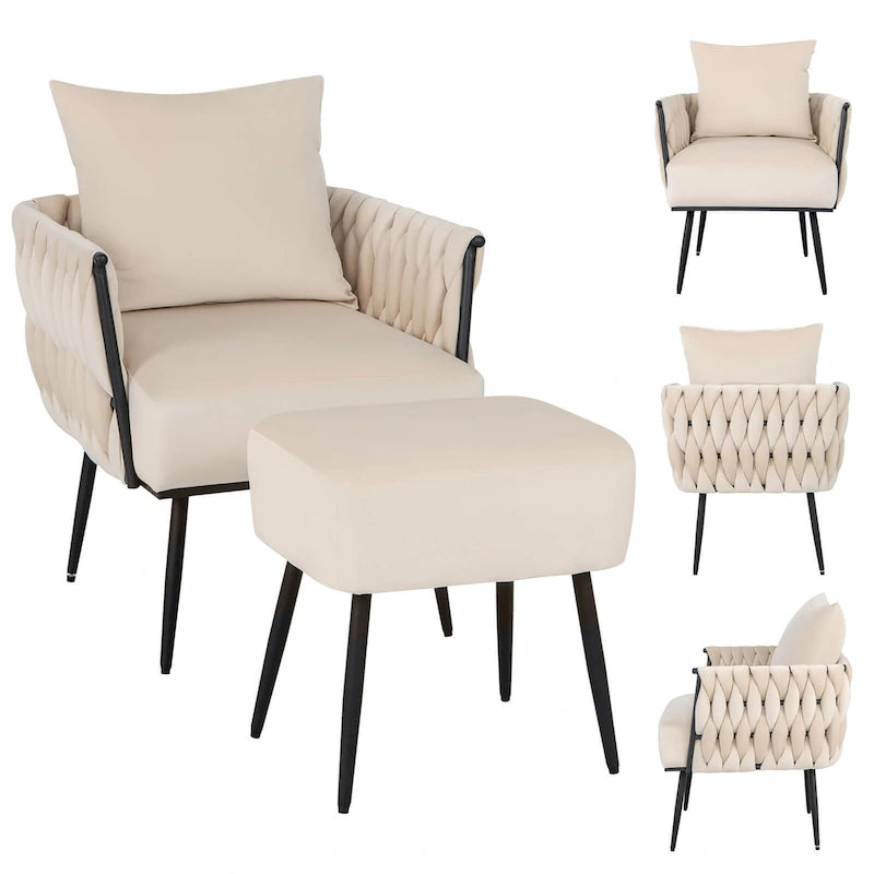 Fauteuil d'appoint en velours gris/beige avec pouf, une place