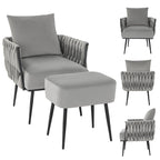 Fauteuil d'appoint en velours gris/beige avec pouf, une place