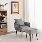 Fauteuil d'appoint en velours gris/beige avec pouf, une place