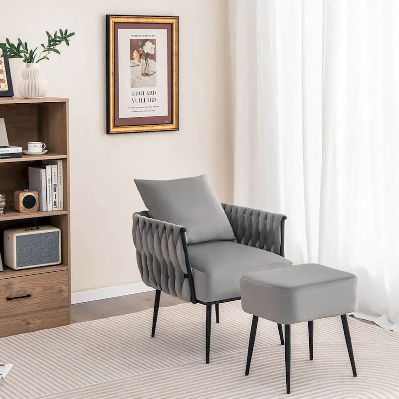 Fauteuil d'appoint en velours gris/beige avec pouf, une place