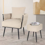Fauteuil d'appoint en velours gris/beige avec pouf, une place