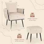 Fauteuil d'appoint en velours gris/beige avec pouf, une place