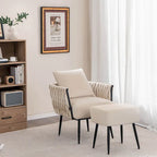 Fauteuil d'appoint en velours gris/beige avec pouf, une place