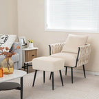 Fauteuil d'appoint en velours gris/beige avec pouf, une place