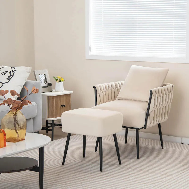 Fauteuil d'appoint en velours gris/beige avec pouf, une place