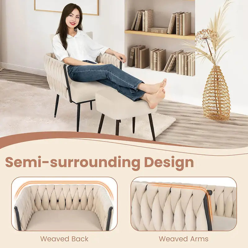 Fauteuil d'appoint en velours gris/beige avec pouf, une place