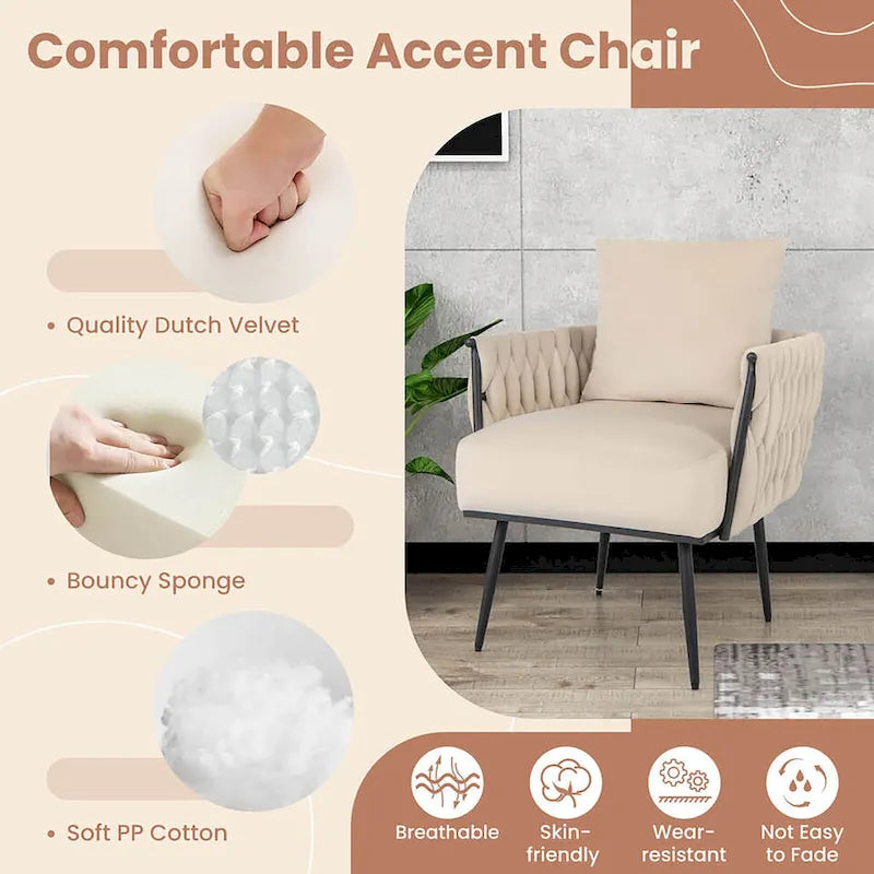 Fauteuil d'appoint en velours gris/beige avec pouf, une place