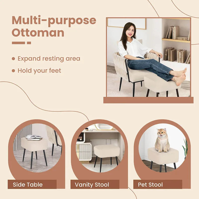 Fauteuil d'appoint en velours gris/beige avec pouf, une place