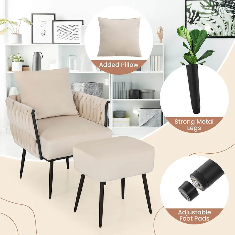 Fauteuil d'appoint en velours gris/beige avec pouf, une place