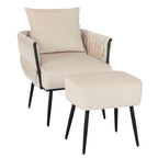 Fauteuil d'appoint en velours gris/beige avec pouf, une place