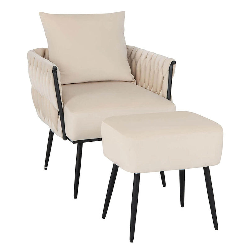 Fauteuil d'appoint en velours gris/beige avec pouf, une place