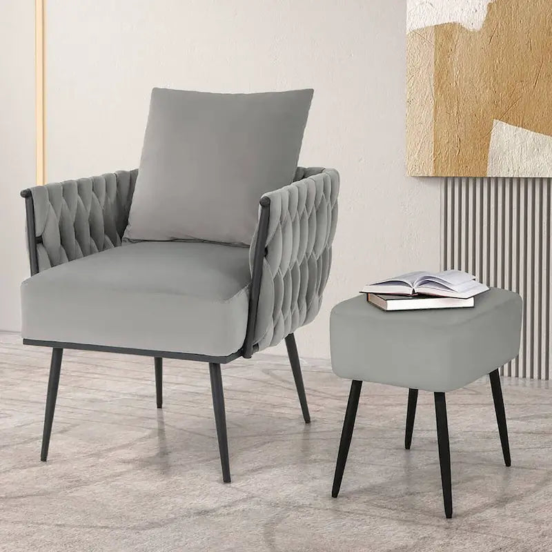 Fauteuil d'appoint en velours gris/beige avec pouf, une place