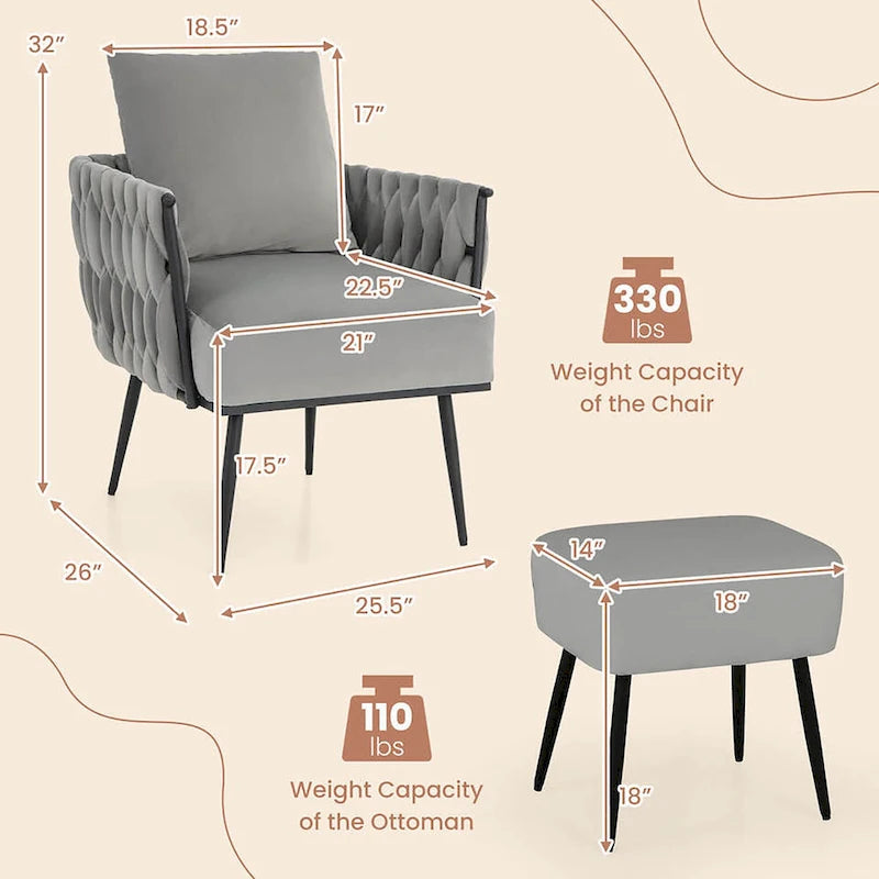 Fauteuil d'appoint en velours gris/beige avec pouf, une place