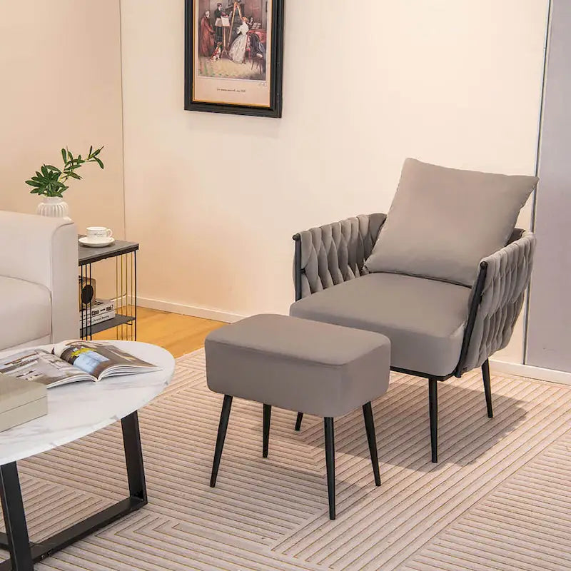Fauteuil d'appoint en velours gris/beige avec pouf, une place