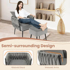 Fauteuil d'appoint en velours gris/beige avec pouf, une place