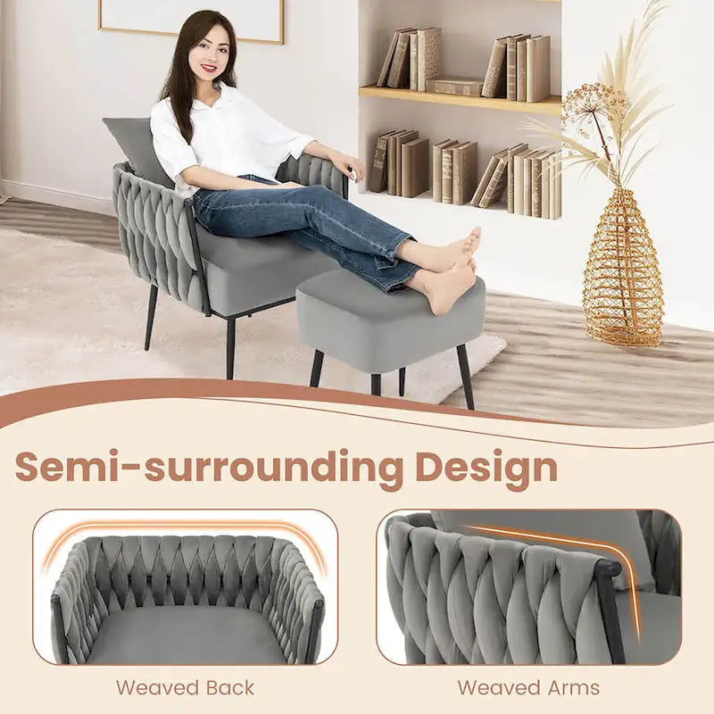 Fauteuil d'appoint en velours gris/beige avec pouf, une place