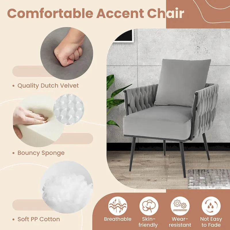 Fauteuil d'appoint en velours gris/beige avec pouf, une place