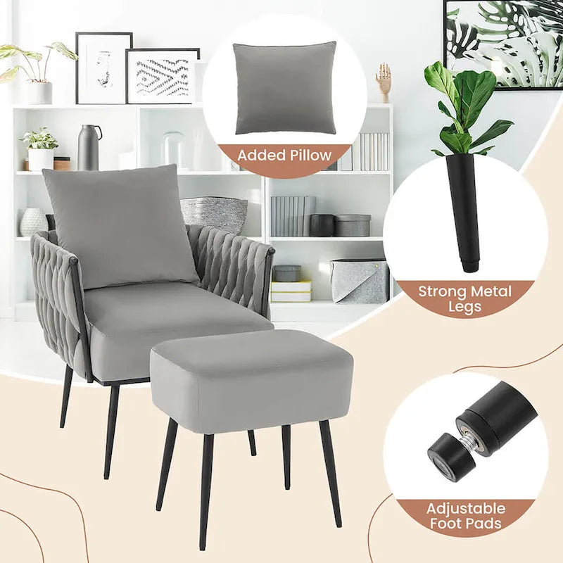 Fauteuil d'appoint en velours gris/beige avec pouf, une place