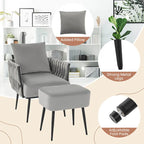 Fauteuil d'appoint en velours gris/beige avec pouf, une place