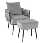 Fauteuil d'appoint en velours gris/beige avec pouf, une place