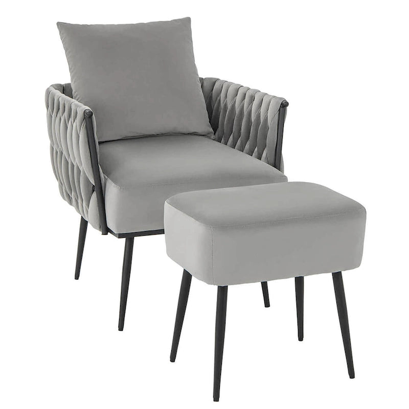 Fauteuil d'appoint en velours gris/beige avec pouf, une place