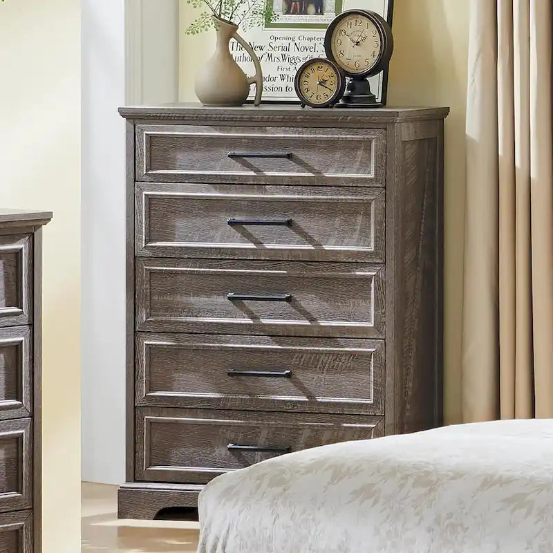 Commode rustique à 5 tiroirs, marron/noir/gris/blanc, 1 personne