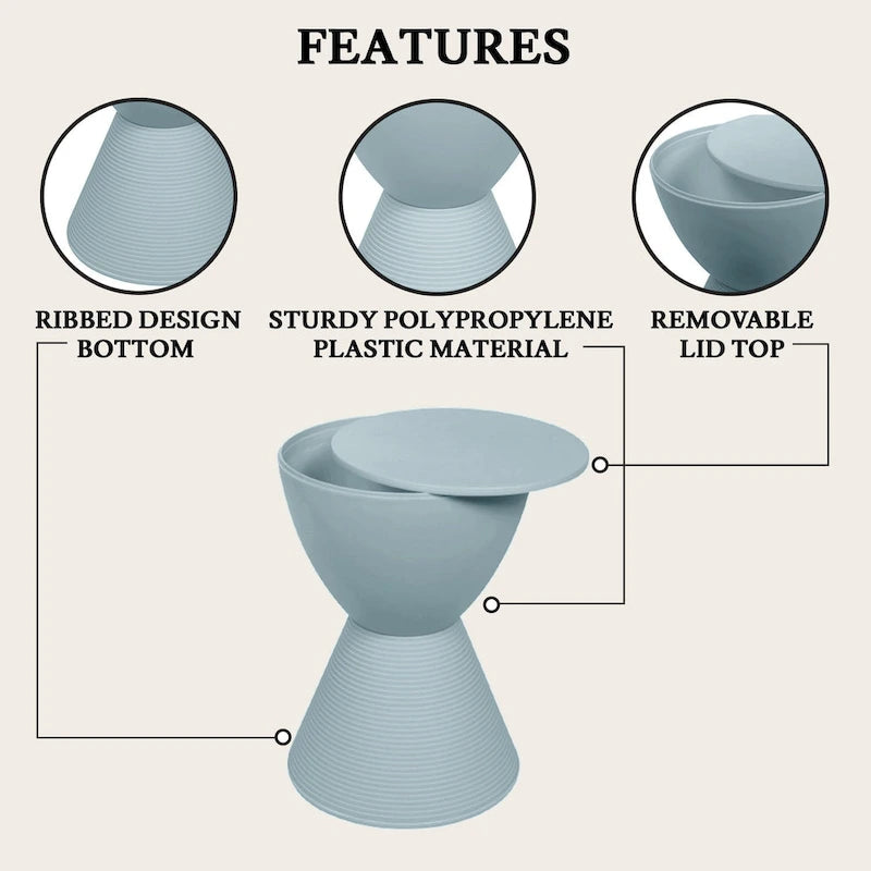 Table d'appoint sablier ronde avec rangement caché | Noir / Gris clair / Taupe / Bleu / Jaune / Rose / Violet / Rouge / Orange / Blanc / Vert / Vert olive / Bleu poudré