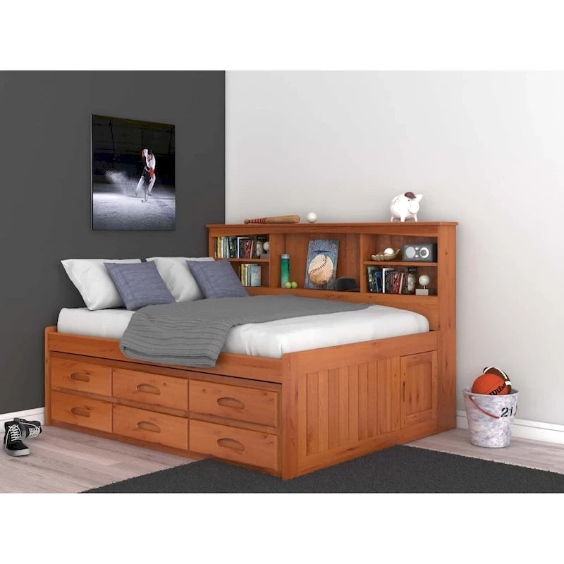 Lit de repos double en bois massif couleur miel avec 6 tiroirs