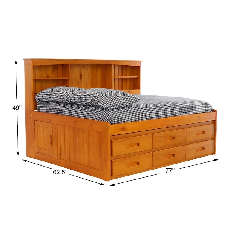Lit de repos double en bois massif couleur miel avec 6 tiroirs