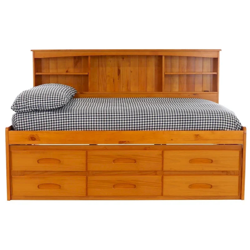 Lit de repos double en bois massif couleur miel avec 6 tiroirs