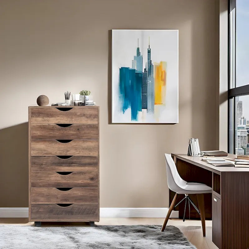 Meuble classeur roulant à 7 tiroirs – Gris / Blanc / Noir / Chêne / Naturel – Maison et bureau