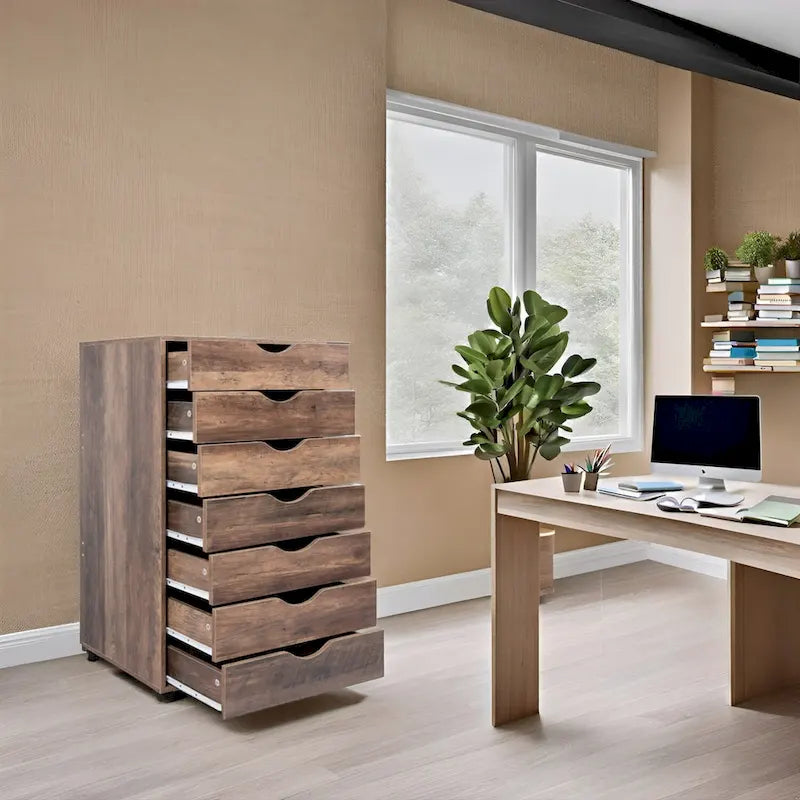 Meuble classeur roulant à 7 tiroirs – Gris / Blanc / Noir / Chêne / Naturel – Maison et bureau