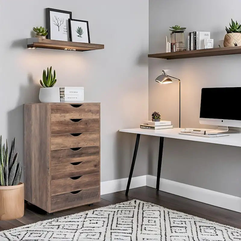 Meuble classeur roulant à 7 tiroirs – Gris / Blanc / Noir / Chêne / Naturel – Maison et bureau