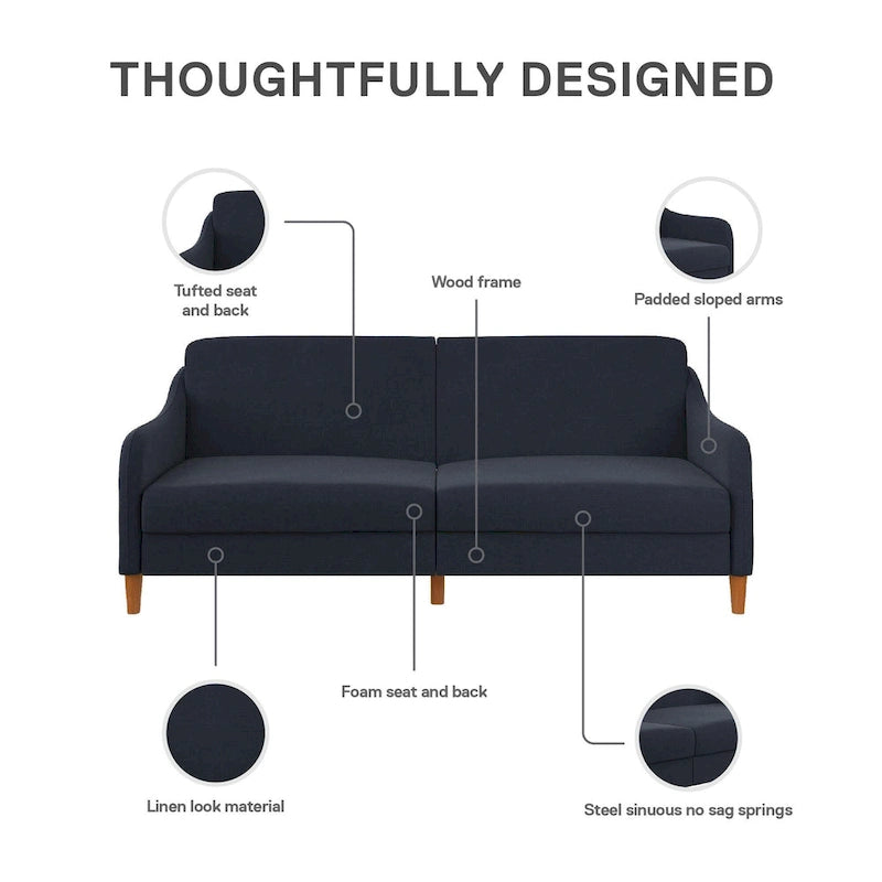 Canapé-Lit Futon en Lin Gris / Bleu Marine / Vert, Convertible, 2 Places